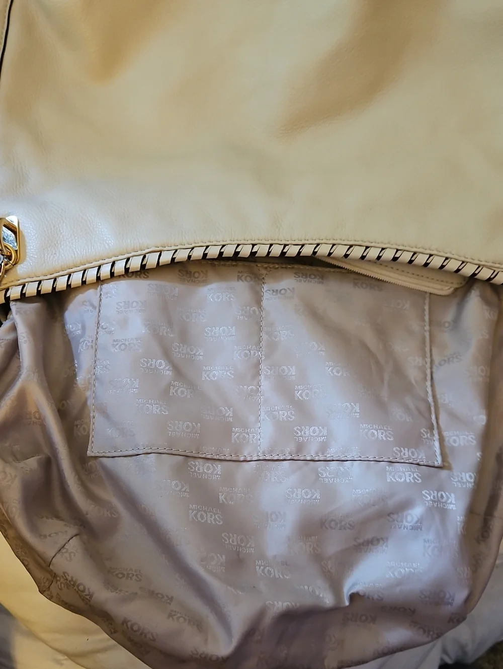 Michael Kors Cream Leather Hobo with Gold Logo Tassel